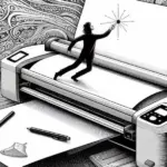 Dibujo de una impresora a lápiz donde aparece una sombra pintando sobre el papel