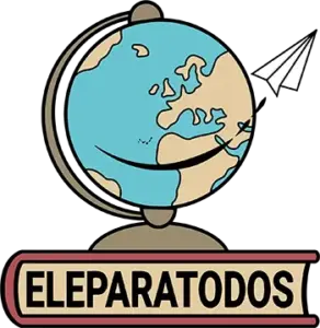 Logotipo pone ELEPARATODOS en el canto del libro tumbado y sobre el un globo terráqueo
