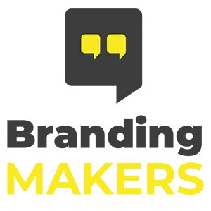 Logotipo compuesto por un bocadillo negro con dos exclamaciones de color amarillo abajo texto en negro branding y abajo en amarillo Makers
