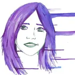 Ilustración hecha por ordenador con estilo acuarela de una chica en tonos violeta