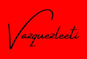 Logo con fondo rojo y texto en negro como una firma en la que pone Vazquezleeti