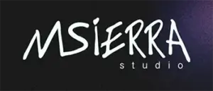 Logotipo compuesto por la palabra MSIERRA en mayúscula tipografía color blanco con sobre fondo degradado negro morado