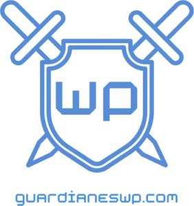 Logotipo compuesto de un escudo medieval en azul claro con espadas cruzadas WP en el medio