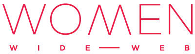 Texto en rojo en la primera linea women en grande y en la segunda línea abajo wide un guión medio mas largo y luego la palabra web. Forman el logotipo de Women Wide Web